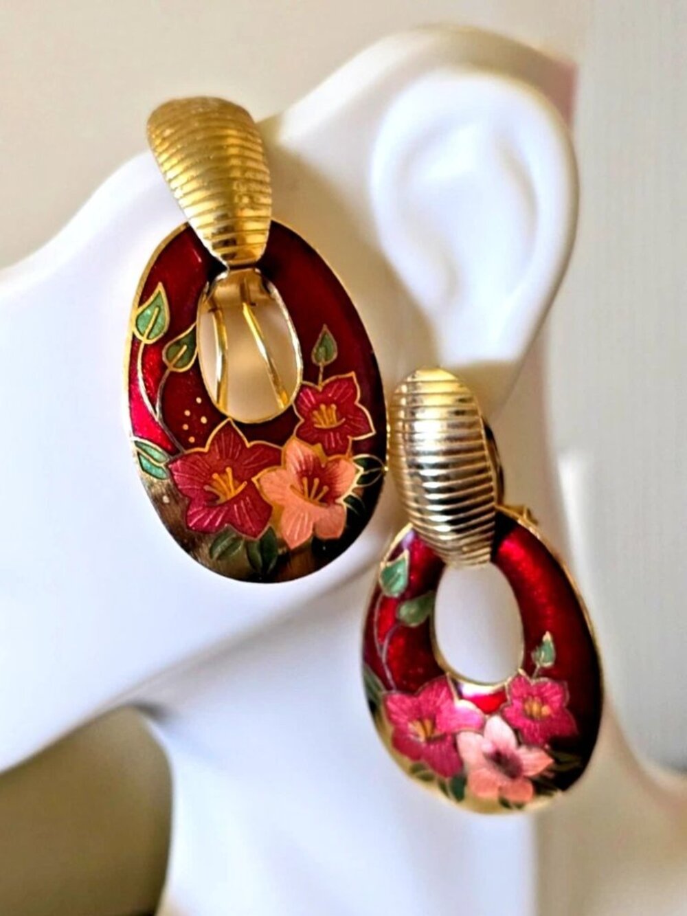 Vintage RED Cloisonne Floral Gold tone Clip On Drop Door Knocker 2” Earrings